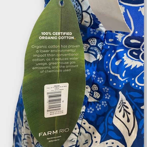 NEW Farm Rio Midi Dress M Blue Full Of Flowers Organic Cotton NWT Tiered - Picture 8 of 10